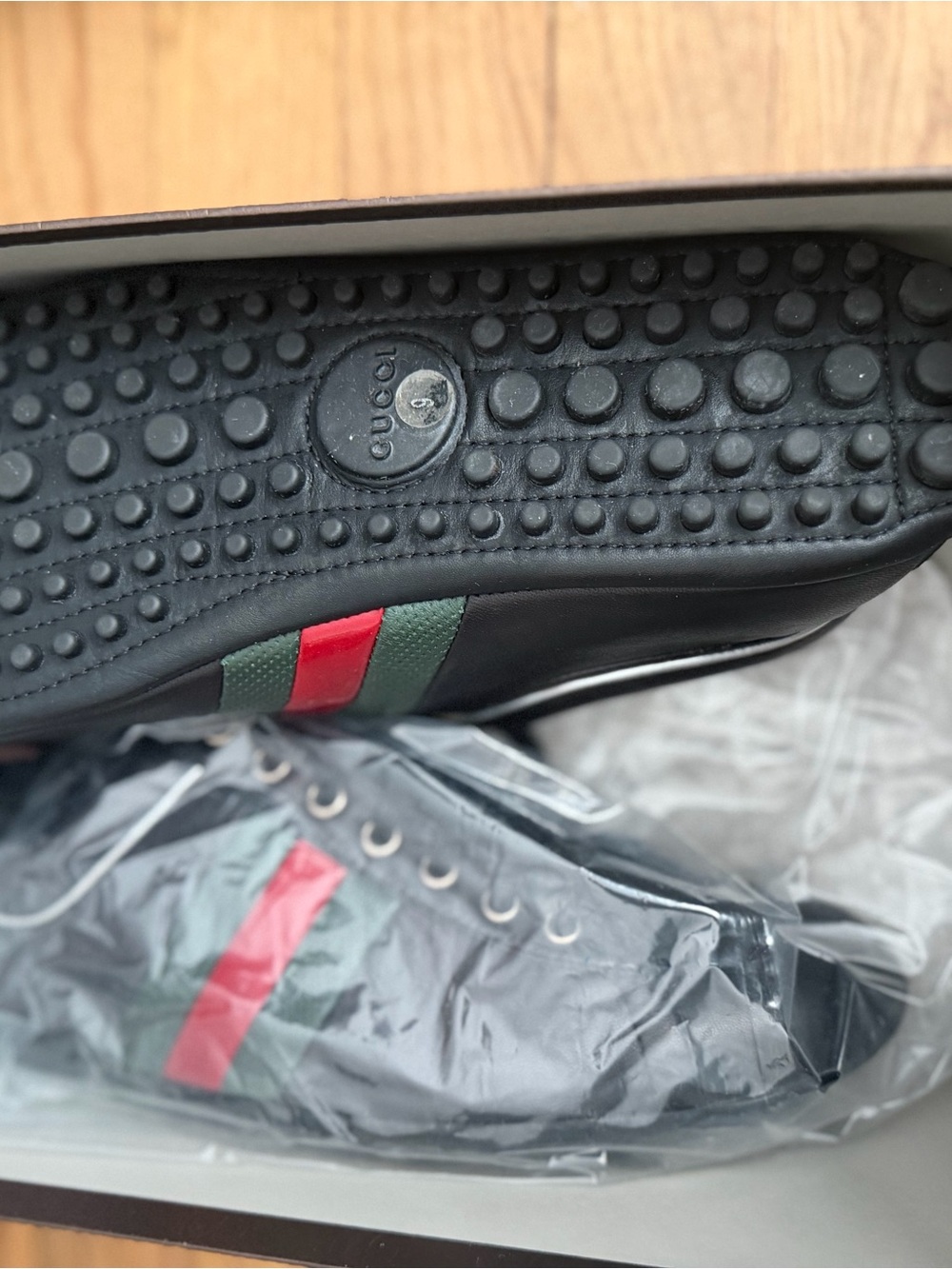 Gucci Black Leather Sneakers with Green and Red Web Stripe